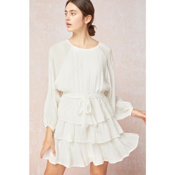 Entro Elizabeth Tiered Ruffle Bubble Sleeve Mini Dress White Medium Boho - Picture 1 of 16